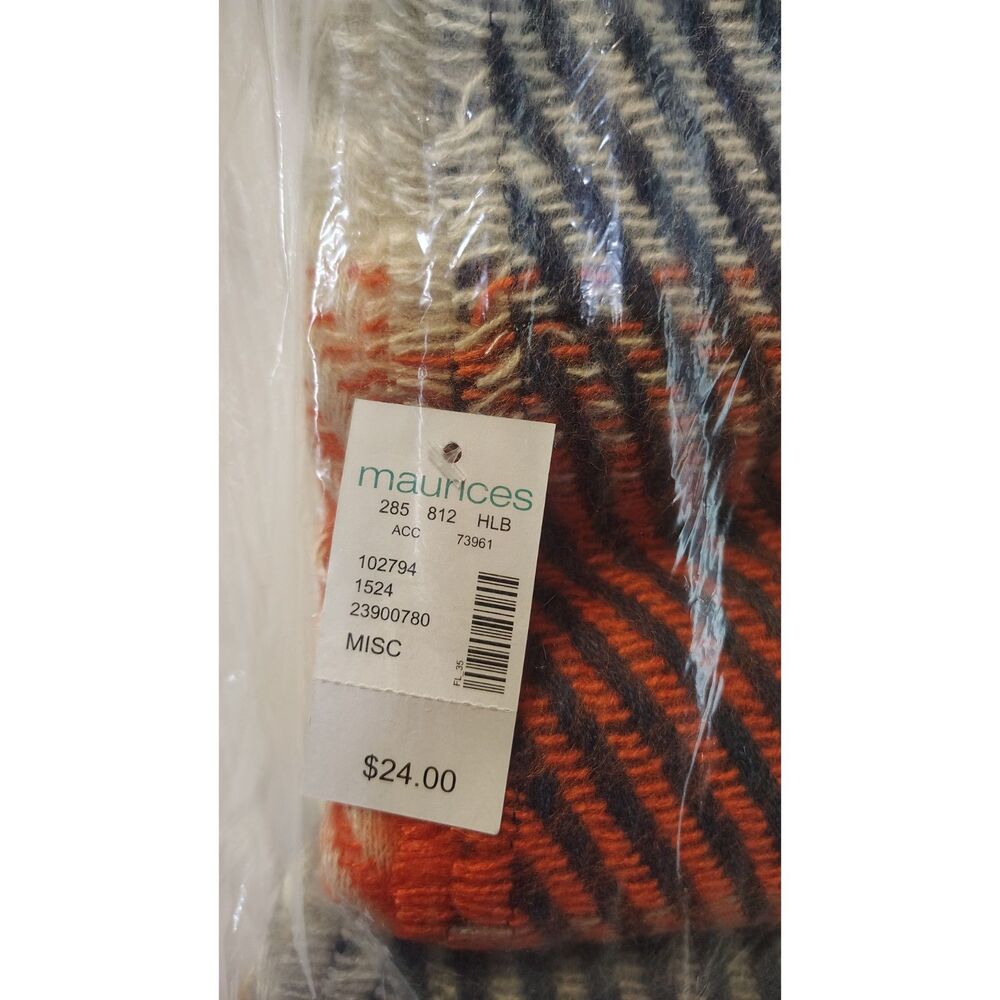 NWT Maurices Plaid Scarf Soft Fringe Wrap Orange Blue Cream Autumn Cozy